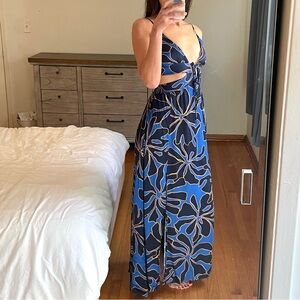 Maaji Bridgette Maxi Dress, Blue Hibiscis, Slits, Cut Outs, Front Tie, Small